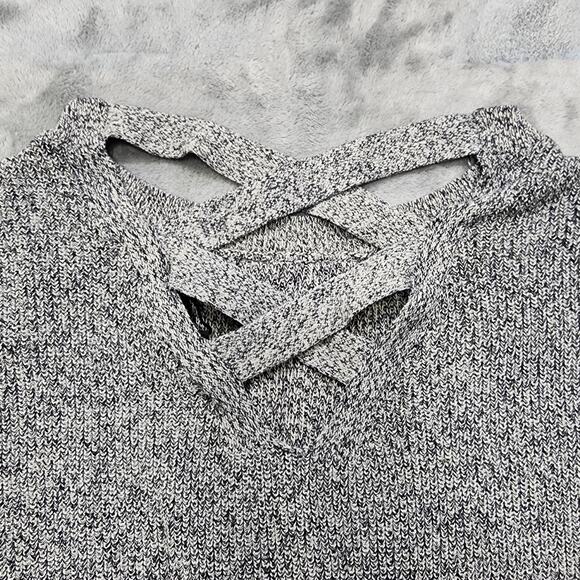 Express Sweater Women M Black Gray Marl Knit Extreme Circle Hem Tunic Cross Back - Picture 3 of 9